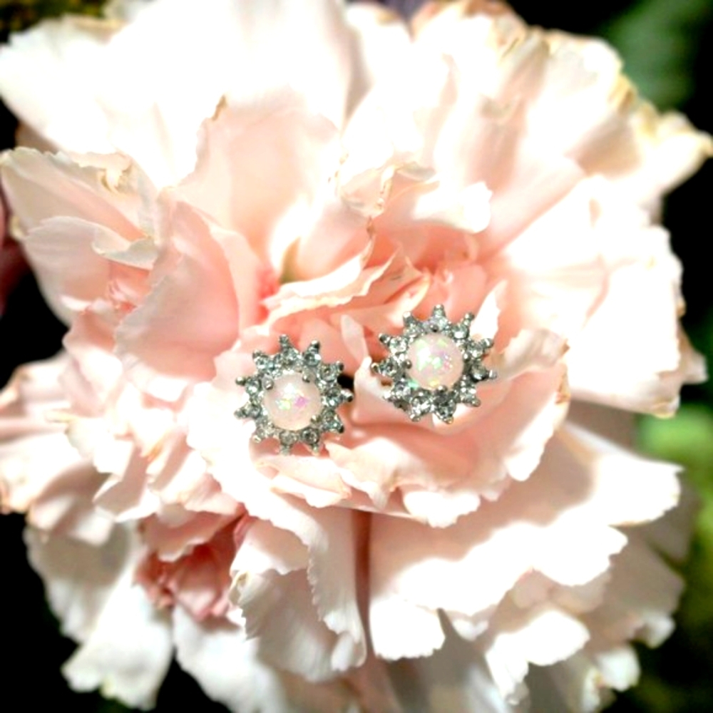 Silver Rhinestone Pink Fire Opal Stud Earrings